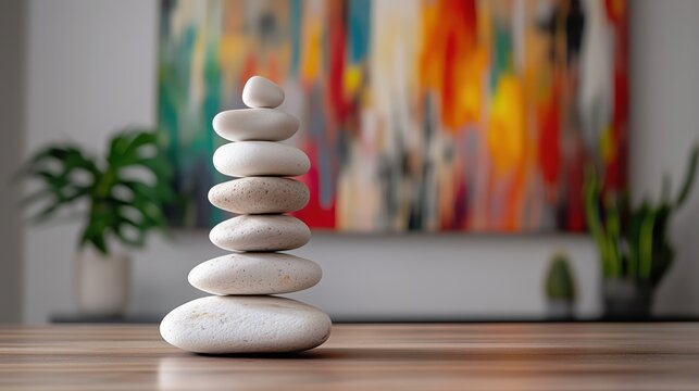 Balancierende Steine vor einem bunten Kunstwerk