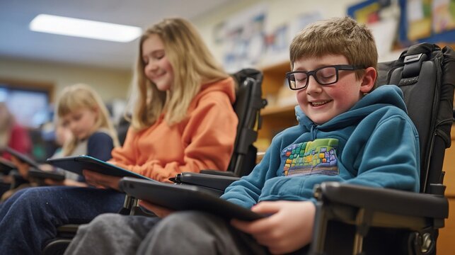 Happy boy in wheelchair using tablet with classmates in classroom. - Powered by Adobe