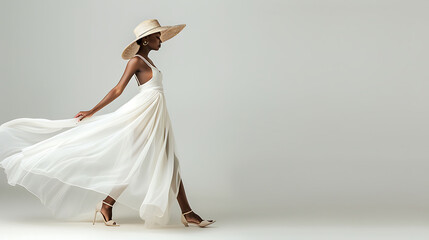 Elegant Woman in White Dress and Hat