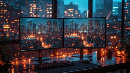 Creative Workspace with Dual Monitors Showcasing Vibrant Design Palettes for Graphic Projects