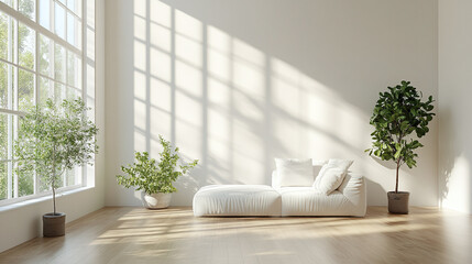 Sunlight in living room interior, bright contemporary furniture setup, cozy comfortable apartment with sofa and plants, modern home window design, elegant wooden floor, minimal decor.