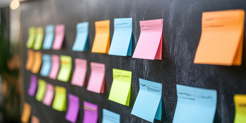 Blank colorful paper post-it sticky notes stickers on a chalk board. Creative concept for planning tasks and organizing work