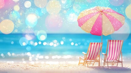 Two beach chairs under a striped umbrella on a sunny beach.