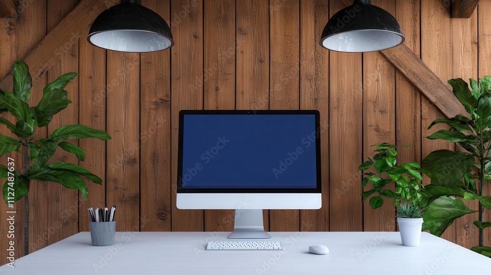 Poster minimalist workspace with computer and greenery