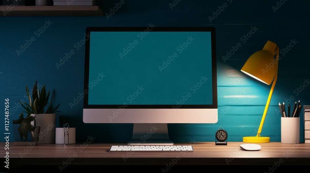 Poster modern workspace scene with computer and desk accessories