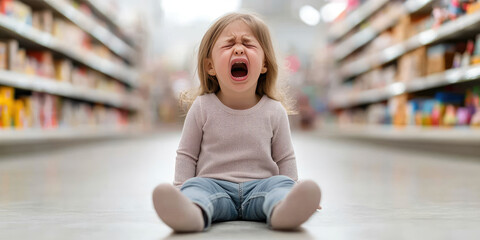 Child girl sits on the floor in aisle of large toy store market and cries hysterically, Childhood tantrums, bad temper tantrums, behavioral crisis