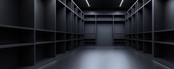 Obraz premium Empty dressing room closet with empty shelves. Banner concept for custom cabinet furniture production
