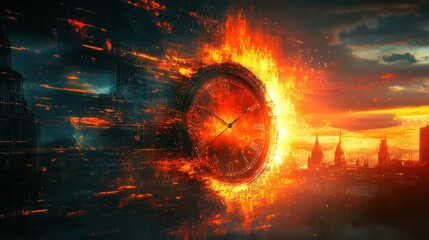 Fototapeta premium A fiery clock emerges from a cityscape, engulfed in flames and digital distortion. The dramatic sunset casts an intense orange glow.