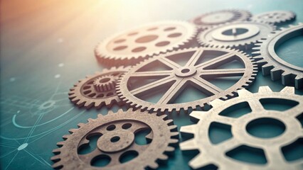 A vivid representation of gears and cogs interlocking seamlessly against a backdrop of soft blurred colors. The close study of each gear reflects precision and efficiency