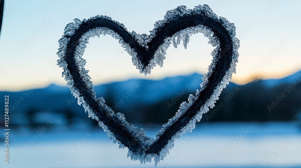 Poster frosty heart shape on a window with mountains in background