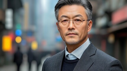 Confident Chinese businessman in modern office with city skyline backdrop exudes professionalism and success