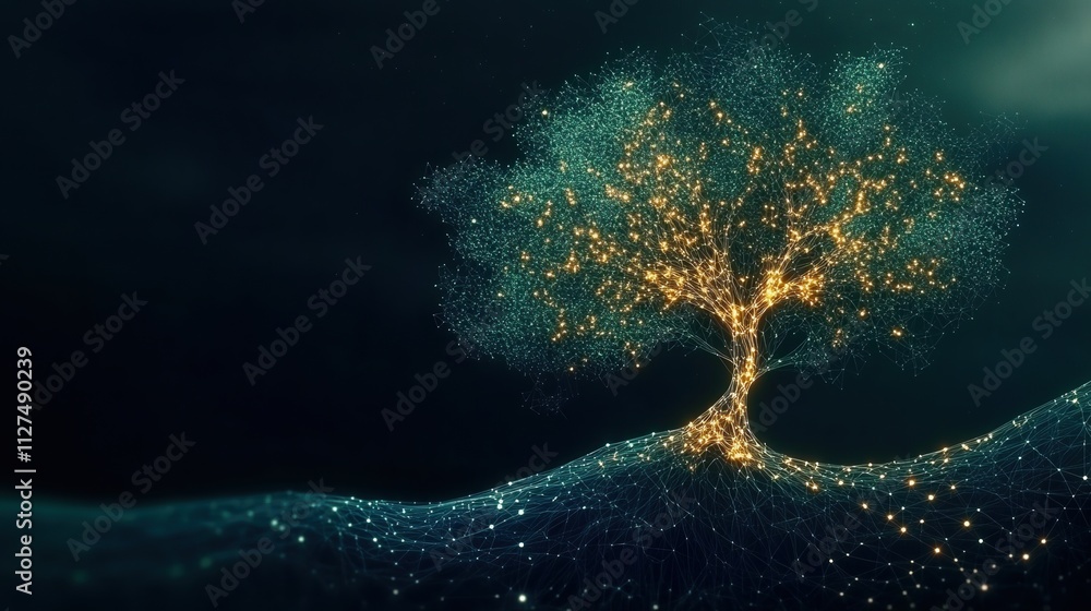 Poster futuristic polygonal tree design highlighting potential in biotechnology and bioengineering fields
