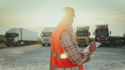 Focused Caucasian man walking on truck parking lot. Filling in information on notepad. Looking at lorries parked in background. Sunrise in cold morning. Confirming successful deliveries.