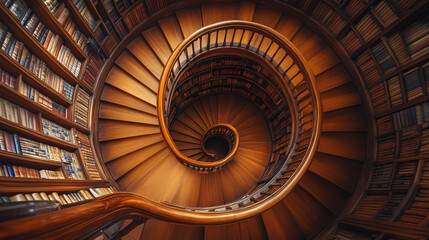 An intricate wooden spiral staircase in a library, showcasing the beauty of craftsmanship and the allure of books. Spiral. Illustration