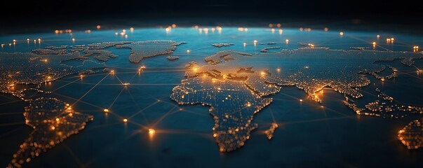Fototapeta premium Global logistics network showing transportation routes and interconnected regions illuminated at night across the world