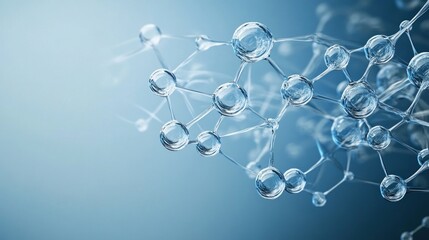 Abstract representation of transparent hydrogen molecules connected in a dynamic arrangement on a blue background