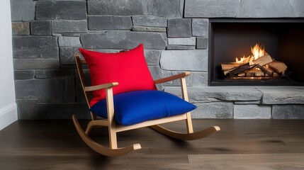 Colorful rocking chair by a cozy fireplace