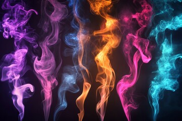 Obraz premium Colorful tubes and smoke on black background, chemistry tubes, liquids, abstract smoky background