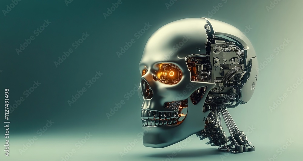 Poster cyborg skull showcasing intricate mechanical components and glowing circuitry in a futuristic design