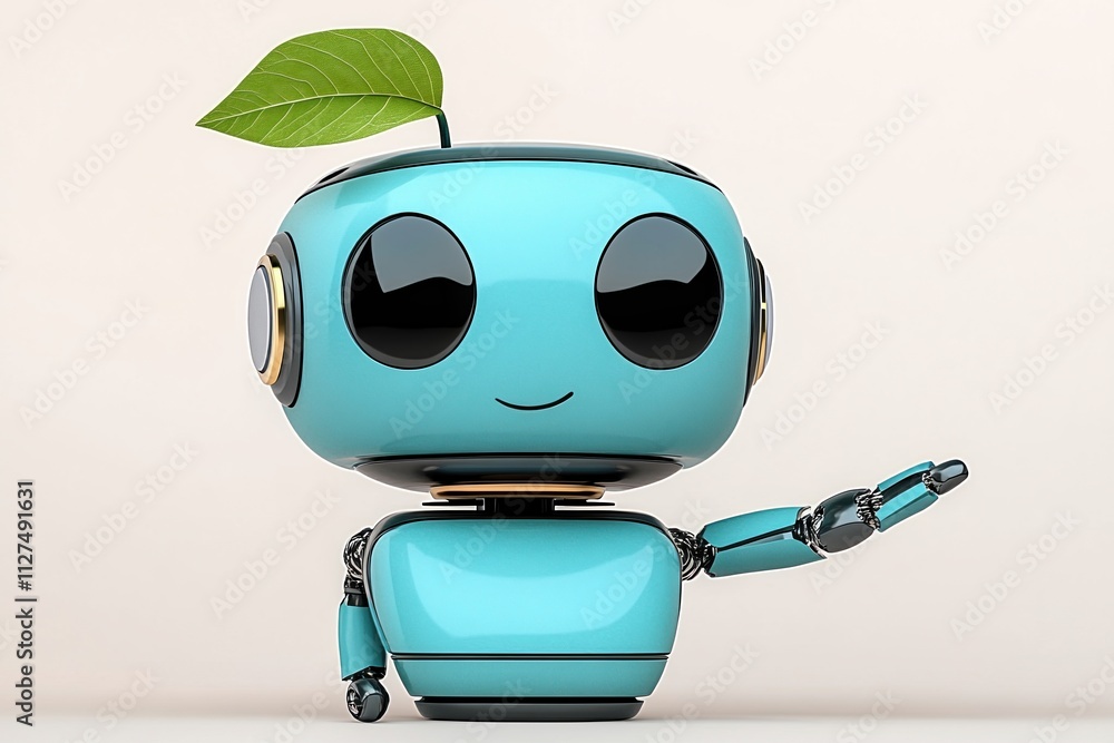 Poster cute and small artificial intelligence personal assistant robot with leaf on head presenting an open