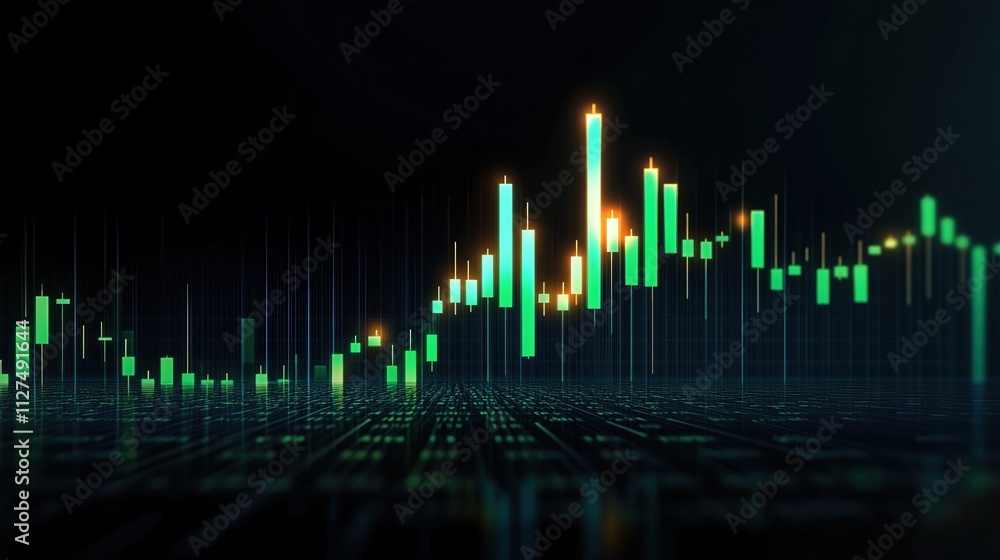 Poster growth in cryptocurrency values shown through ascending green candlesticks with data visualization i