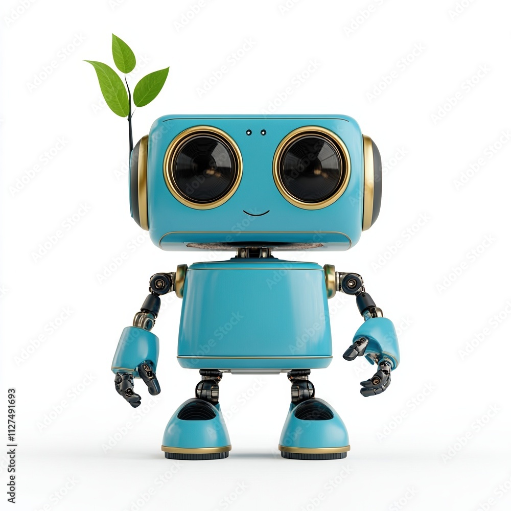 Poster Blue robotic assistant standing with a cheerful expression and a plant sprout on its head in a minimalist setting