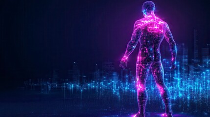 Futuristic digital human silhouette amidst glowing cityscape