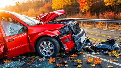broken car on the road accident autumn day