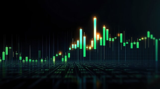Growth in cryptocurrency values shown through ascending green candlesticks with data visualization in a dark environment