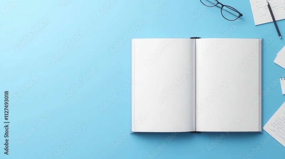 Poster open blank notebook with glasses and notes on blue background