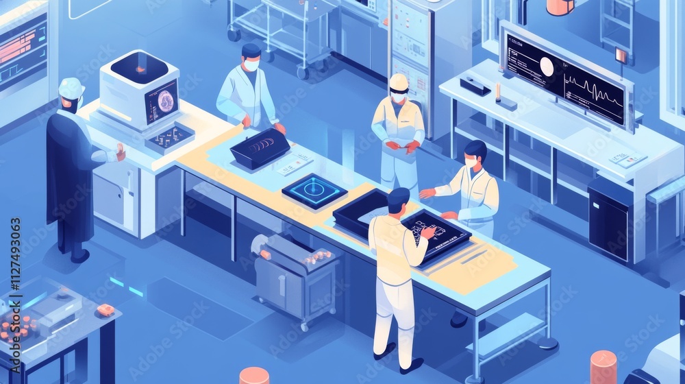 Aufkleber isometric view of scientists in lab coats working in a modern sterile laboratory.