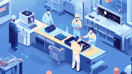Isometric view of scientists in lab coats working in a modern sterile laboratory.