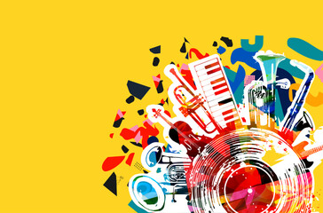 Music background with colorful music instruments and vinyl record disc vector illustration. Music festival poster with double bell euphonium, violoncello, trumpet, piano, euphonium, sax and guitar