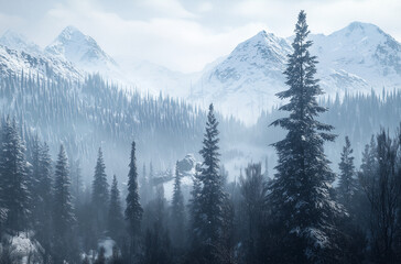 Fototapeta premium A serene winter landscape featuring snow-covered mountains and tall evergreen trees, enveloped in mist.