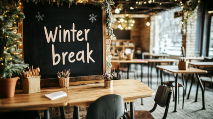"Winter break" blackboard sign in an empty college campus cafe with festive holiday decorations