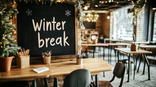"Winter break" blackboard sign in an empty college campus cafe with festive holiday decorations