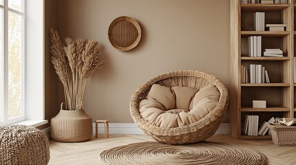 Cozy bohemian living room with wicker chair, pampas grass, and bookshelves.
