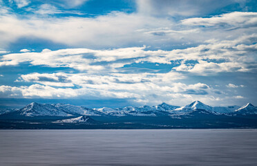Late winter view across frozen Yellowstone Lake, Yellowstone National Park.