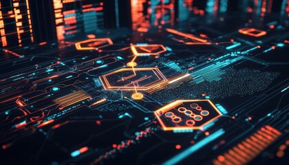 Obraz premium A futuristic technology design with connected hexagons, visualizing big data and digital transformation.