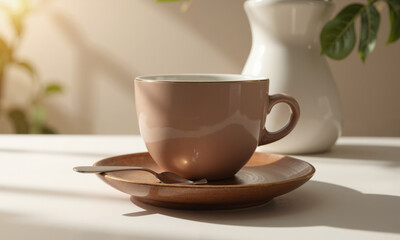 Obraz premium A mocha mousse-colored porcelain teacup with a subtle, glossy finish and a delicate gold rim.