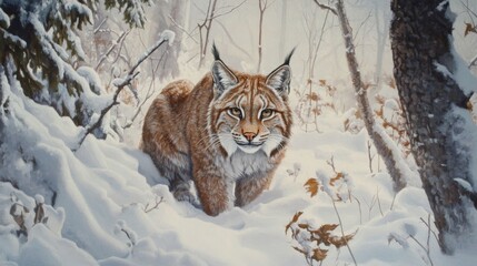 Majestic lynx in snowy winter forest.