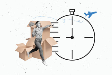 Composite photo collage of happy girl run net catch plane instant delivery service carton box...