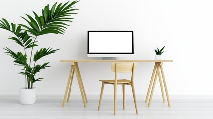 Minimalist workspace with plant and computer setup