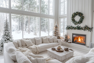 Cozy Window Seat with Candles, Pine Cones, and Evergreen Garland, Surrounded by Misty White Christmas Trees and Snowy Landscape

