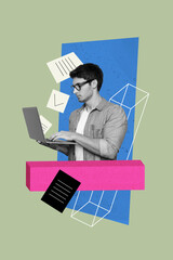 Trendy art creative vertical photo collage of serious businessman type laptop paper sheet approval sign confirmation project workload