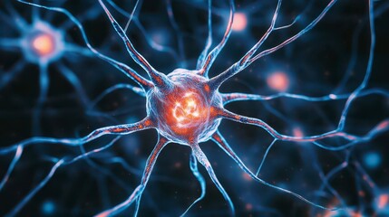 Close-up of a glowing neuron with intricate structures