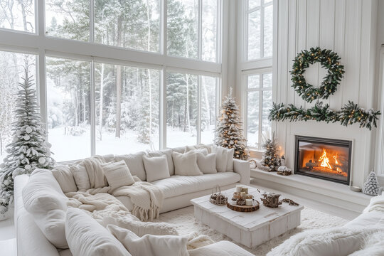 Cozy Window Seat with Candles, Pine Cones, and Evergreen Garland, Surrounded by Misty White Christmas Trees and Snowy Landscape

