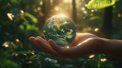 A hand holding a globe made of glass. The globe is green and has a leaf on it. Concept of taking...