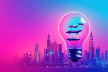 Futuristic cityscape with flying cars inside a light bulb, symbolizing futuristic ideas, on a gradient neon background.