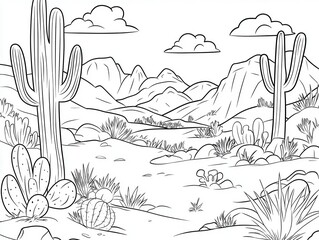 Serene Desert Landscape with Cacti and Rolling Mountains in Outline Style